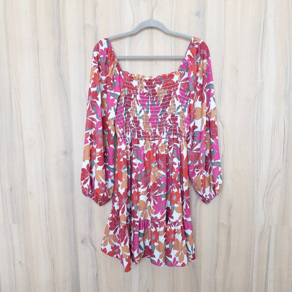 Womens Floral Tiered Mini Dress M Pink‎ Orange Smocked Long Sleeve Boho Romantic
